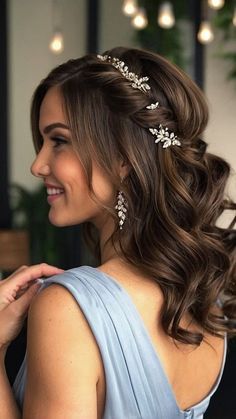 #HairGoals #HairInspo #HairStyling #HairCare #Hairstyles #HairColor #CurlyHair #StraightHair #HairTutorial #SalonLife #HairTransformation #HealthyHair Simple Half Up Half Down Wedding Hair Medium Length, Bridal Look Hairstyles, Engagement Hairstyles Medium Hair, Black Outfit Hairstyle, Brunette Bridesmaid Hair Half Up, Hairstyle Bridesmaid Half Up, Cute Hairstyles For Medium Hair For Weddings, Wedding Hair Curtain Bangs Half Up, Hair Do For Engagement