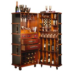 an open wooden cabinet filled with lots of bottles and glasses