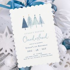 a white and blue christmas party card with snowflakes, ornaments and trees on it