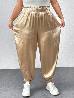 Fashionable Plus Size Women Golden Mushroom Hem Long Pants, Party Wear Gold Casual   Woven Fabric Plain Jogger Non-Stretch  Women Plus Clothing, size features are:Bust: ,Length: ,Sleeve Length:#ModestPlusSizeFashion #BohoPlusSizeOutfits #Size16Women Golden Mushroom, Casual Outfits Plus Size