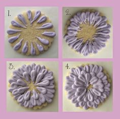 four pictures showing how to decorate cookies with icing and fondant flowers on them