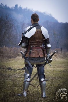 a man dressed in armor and holding two swords, standing on grass with mountains in the background