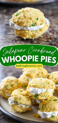 These Jalapeno Cornbread Whoopie Pies with Bacon Goat Cheese Filling are a delicious New Year appetizer recipe that the whole family will love! Add this recipe to your favorite New Year food ideas! Cornbread Appetizer, Jalapeno Cornbread Recipe, Bacon Goat Cheese, Gameday Food, Jalapeño Cornbread, Whoopie Pie Recipe, July Desserts, Yummy Dishes, Whoopie Pie