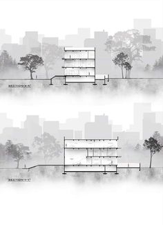 two drawings of trees and buildings in the foggy cityscape, each with different levels