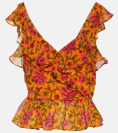 Floral Silk Top in Orange - Veronica Beard | Mytheresa Camila Morrone, Halterneck Top, Halter Neck Top, Veronica Beard, Silk Top, Fashion Sense, Pretty Outfits