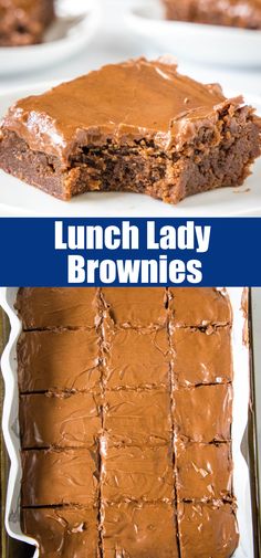 chocolate brownies are stacked on top of each other with the words, lunch lady brownies