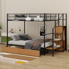 a bunk bed with drawers underneath it in a room