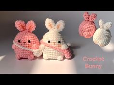 three crocheted bunny toys are shown in pink and white