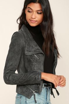 Chic Charcoal Grey Jacket - Moto Jacket - Vegan Suede Jacket - $79.00 - Lulus Fitted Long Sleeve Casual Biker Jacket, Casual Fitted Fall Biker Jacket, Fitted Long Sleeve Biker Jacket For Fall, Fitted Gray Outerwear For Fall, Spring Fitted Biker Jacket With Zipper, Spring Fitted Biker Jacket With Zipper Closure, Fitted Biker Jacket With Zipper For Spring, Fitted Gray Outerwear, Casual Fitted Biker Jacket With Asymmetrical Zip