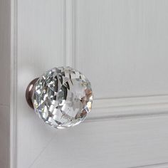 a door handle with a crystal knob on it's side and a white background