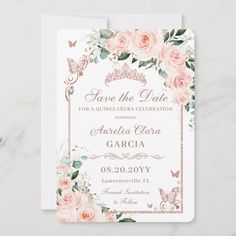 wedding save the date card with pink roses and butterflies