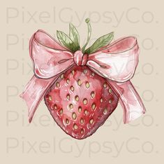 a watercolor painting of a strawberry with a bow