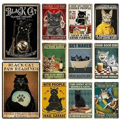 vintage black cat advertising signs from the 1950's and early 1960s's - set of 8