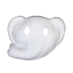 a white plastic elephant mask with two holes in the front and one hole in the back