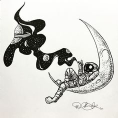 a black and white drawing of an astronaut sitting on the moon