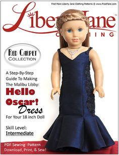 the doll is wearing a blue dress