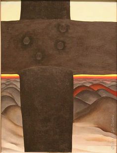 an abstract painting depicting a cross in the middle of a desert with mountains and clouds