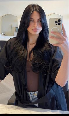 Jet Black Hair With Curtain Bangs And Layers, Curtain Bangs With Black Hair, Black Long Hair Curtain Bangs, Long Bangs Dark Hair, Haircuts Long Hair Bangs, Warm Toned Black Hair, Dark Brown Hair Latina, Curtain Bangs On Black Hair, Tough Woman Aesthetic