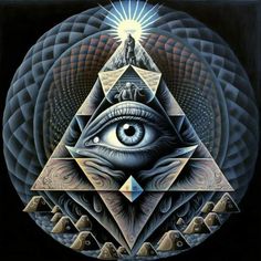 an all seeing eye with pyramids and mountains in the background, surrounded by triangles