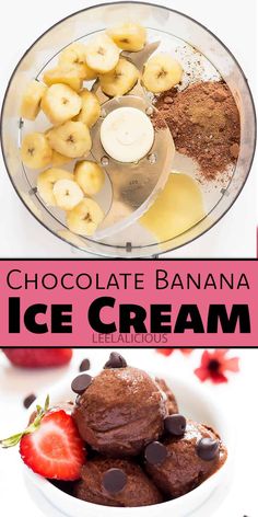 chocolate banana ice cream is in a bowl with strawberries and bananas on the side