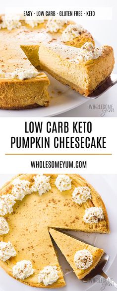 low carb keto pumpkin cheesecake on a white plate with a slice cut out