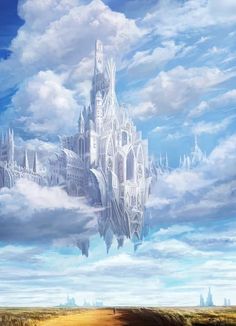 an image of a castle in the sky with clouds above it and another painting behind it