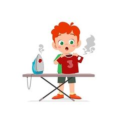 a little boy standing in front of an ironing board with steam coming out of it