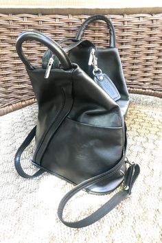 A stylish way to go when you need a hands free purse! This modern genuine Italian leather backpack bag is excellent for travel or every day use. The main compartment features a zippered enclosure to a roomy main compartment. The front slip pocket or back outside zipper pocket makes for quick access items, like your passport. #backpackbags #passportholder #fashionbags #fashionbagsforladies #verapelle #leatherhandbags #leatherbag #travelcarry Functional Backpack With Leather Handles For On-the-go, Leather Backpack With Pockets For On-the-go, Elegant Leather Backpack With Zipper For On-the-go, Leather Backpack With Adjustable Strap For On-the-go, Leather Backpack With Zipper Pocket For On-the-go, Small Umbrella, Authentic Bags, Italian Leather Handbags, Colorful Backpacks