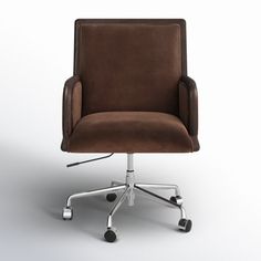 a brown office chair sitting on top of a white floor