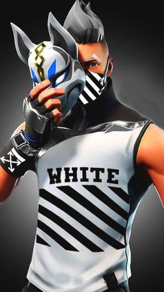 an image of a man wearing a white shirt with black stripes and holding a metal mask