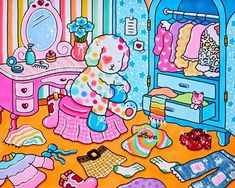 a painting of a child's bedroom filled with toys