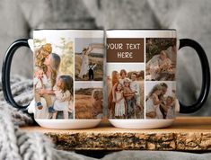 two coffee mugs with different photos on them sitting on a wooden table next to a blanket