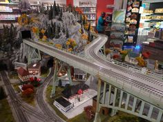 a model train set on display in a store with people looking at the tracks and trees