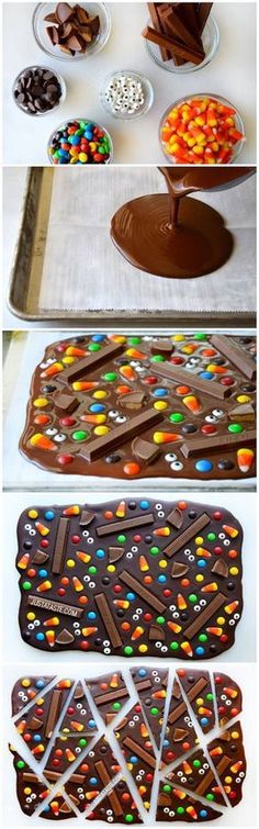 the process of making chocolate candy bars is shown in three different stages, including being melted and decorated