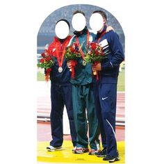 three men standing next to each other with medals around their necks and wearing sports uniforms