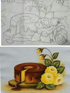 two pictures with flowers and cake on them