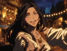 a woman with long black hair is pointing her finger at the camera in an animated scene