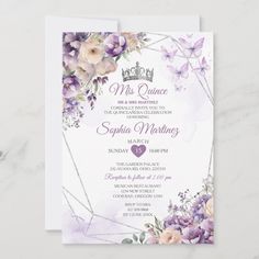 a purple and white floral wedding card with the word, miss quincee on it