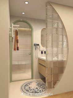 a bathroom with a shower, sink and mirror in it's center wall is shown