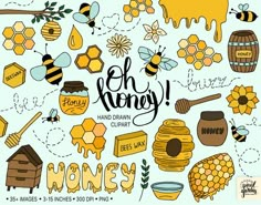 a bunch of bees and honey on a blue background with the words eb honey