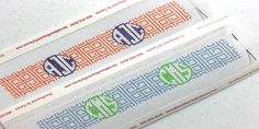 two cross stitch bookmarks with the word monogrammed in different colors on them