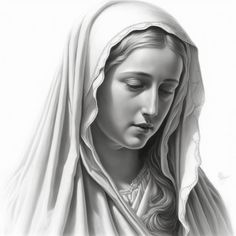 a black and white drawing of the head of a woman wearing a veil with her eyes closed