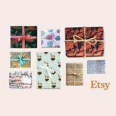 many different wrapped presents are shown with the words easy on them and an orange bow