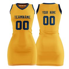 a women's basketball jersey with the team name and number on it, in yellow