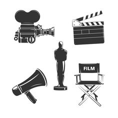 black and white film icons including an oscar statue, director's chair, movie camera and clapper