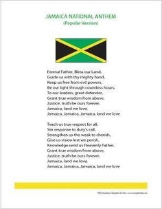 the jamaican national anthem with text in yellow and green, on a white paper background