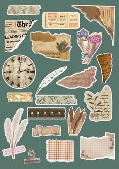 an assortment of paper and stickers on a green background with words, pictures, and feathers