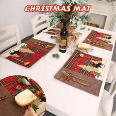 the table is set for christmas dinner with plaid placemats and wine bottle on it