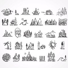 an illustrated set of different types of camping related items, including tents and trees in black ink on a white background