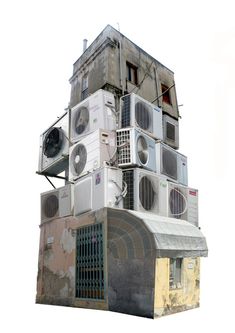 several air conditioners stacked on top of each other in front of a white background